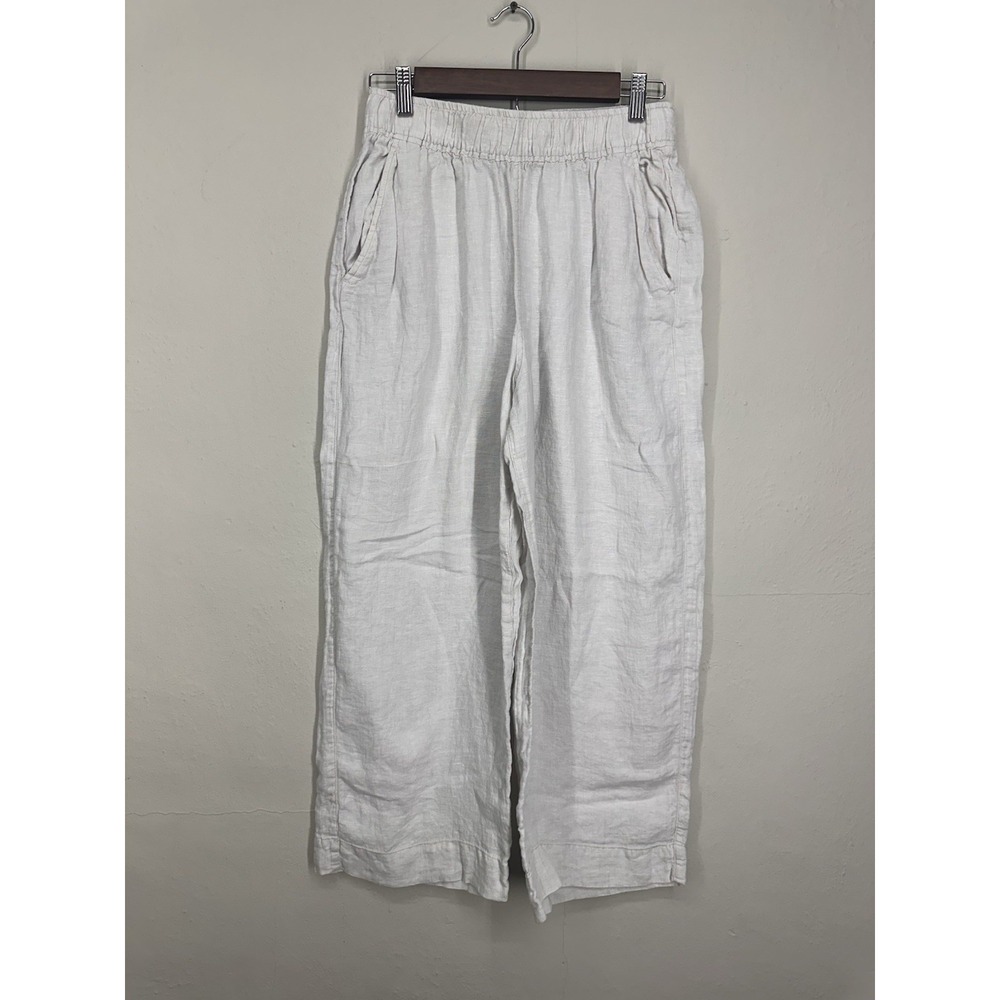 Tahari 100% Linen Pants MED Natural Wide Leg Relaxed Elastic Waist Beach Resort